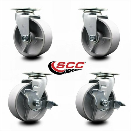 Service Caster 5'' Semi Steel Cast Iron Swivel Caster Set with Bronze Bearings 2 Brakes, 4PK SCC-20S520-SSBZ-2-TLB-2